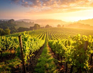 Fototapeta premium Vineyards at dawn, sun's golden rays illuminate rows of grapevines, soft light