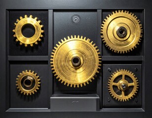 Framed golden gears on black, mechanical art