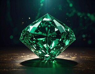 Faceted, radiant green gem on shimmering surface