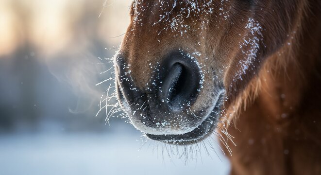 A close-up view of a horse's muzzle covered in frost, surrounded by a serene snowy background. The scene evokes the beauty of winter and the resilience of nature.