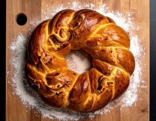 Braided bread wreath on wood, surrounded by flour dust