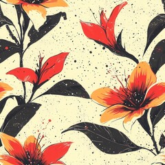 Seamless orange floral pattern with elegant tropical leaves on cream background.