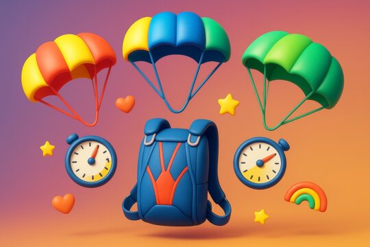 Colorful parachutes, stopwatch icons, and a sporty backpack on a gradient background in playful cartoon style for abstract sport concept illustration. Ai generative