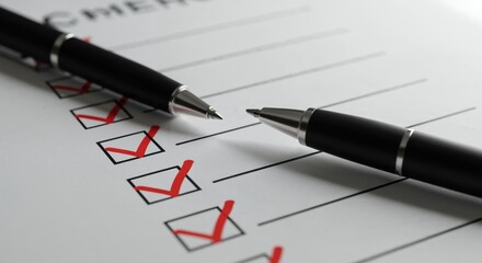 Checklist and Pens: A close-up shot of a checklist, the red check marks signify the task is completed and two pens are positioned, ready for the next assignments.