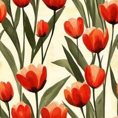 Obraz premium Bright red tulip seamless pattern with green stems on light background.