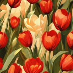Obraz premium Realistic tulip seamless pattern with red and cream blossoms in lush greenery.