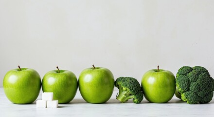Green Apple and Broccoli Still life: A fresh green apple stands amidst a collection of healthy ingredients including green apples and broccoli, symbolizing health and balanced nutrition.