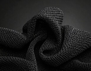 Dark, textured fabric draped. Open weave, soft lighting