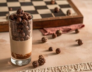 Chocolate candies in a glass with chessboard backdrop