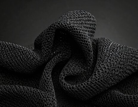 Dark, textured fabric draped. Open weave, soft lighting