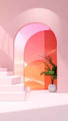 Pink arch, staircase, plant. Sunny, minimal, dreamy