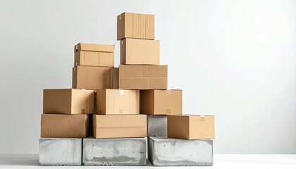 Stacked cardboard boxes on cinder blocks, against white wall