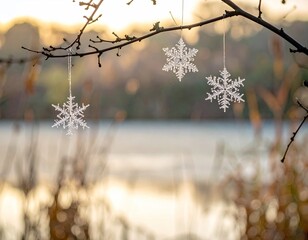 Winter Three snowflakes dangle from a branch over water