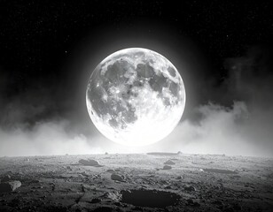 Bright moon glows above textured landscape
