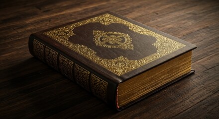Golden Script: An exquisitely adorned, vintage book rests majestically on a polished wooden surface, reflecting an air of timeless wisdom and cultural richness.