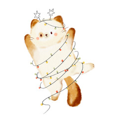 Cute cat got tangled in a garland of lights