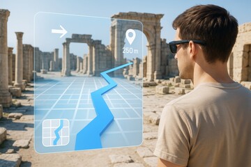 Man using augmented reality navigation glasses in ancient ruins with futuristic map interface and sunlight highlighting the historical background. Ai generative
