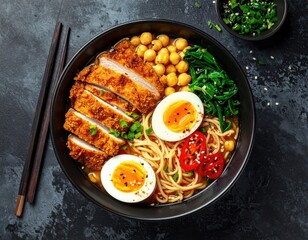 Ramen bowl with chicken cutlet, eggs, and chickpeas