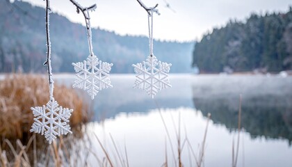 Frozen lake, snowflake ornaments hang from branches