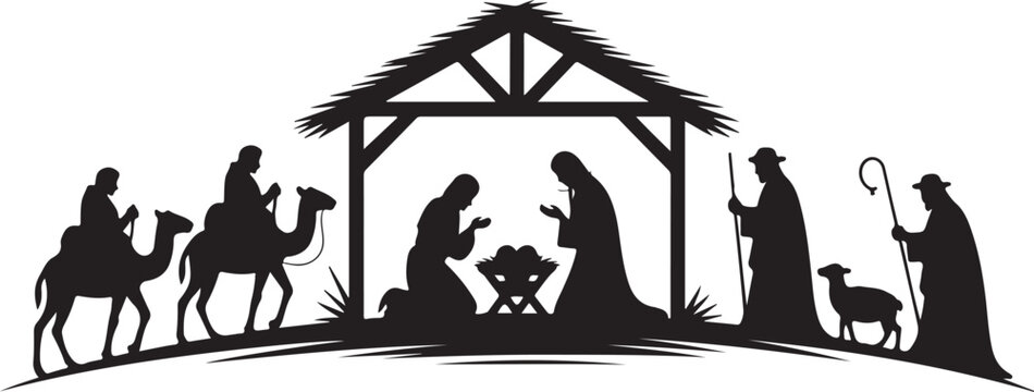 Nativity scene silhouette Jesus in manger, shepherd and wise men. Christmas story Mary Joseph and baby Jesus in nursery. The birth of Christ with Bethlehem star, vector illustration