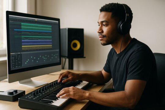 Music producer working on audio project using digital workstation and midi keyboard in modern home studio with natural light background. Ai generative - Powered by Adobe