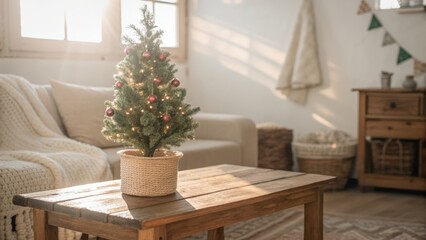 cozy christmas home decor ideas Cozy indoor scene featuring a small Christmas tree on a wooden table in a stylish living space.