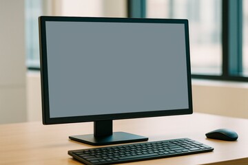 Fototapeta premium Blank computer monitor mockup on wooden desk with keyboard and mouse in bright office interior used for clean branding or display design template. Ai generative