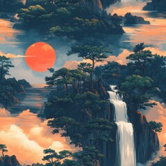 Seamless sunset mountain pattern with warm tones and flowing waterfall scenery.