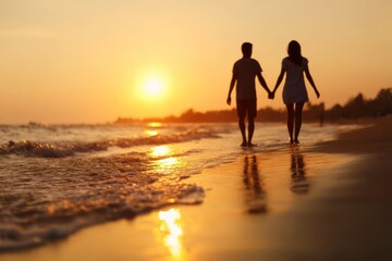 Couple walking hand in hand on the beach at sunset, symbolizing love, serenity, and companionship.