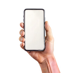 Close up of a human hand holding a modern smartphone with a blank screen isolated on transparent background