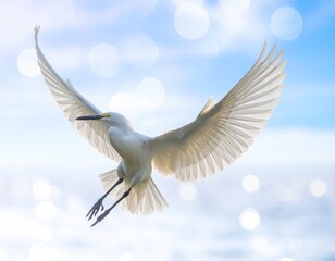 White bird soars with wings spread against bokeh sky