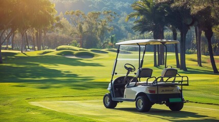 A golf cart parked on a lush green golf course surrounded by palm trees. The sun casts a warm glow over the scene, creating a serene atmosphere.