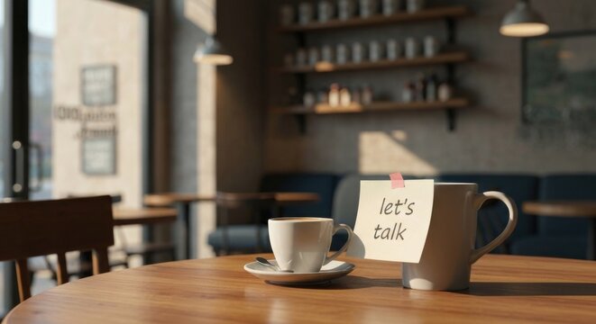 Coffee cups on a table inside a cafe with "let's talk" note
