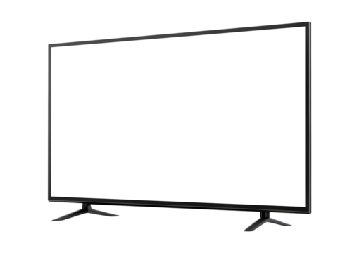 A sleek modern black flat screen television stands angled, featuring a dark blank display, isolated as a transparent png.