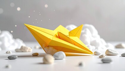 Origami yellow star atop scattered stones, cloudy backdrop