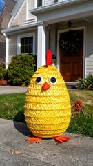 Yellow raffia chick yard decoration, house door backdrop