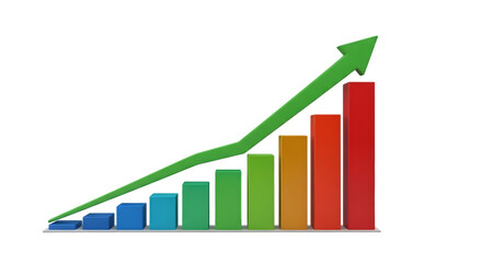 Green arrow graph showing upward trend with colorful bars representing financial growth and success isolated on transparent background