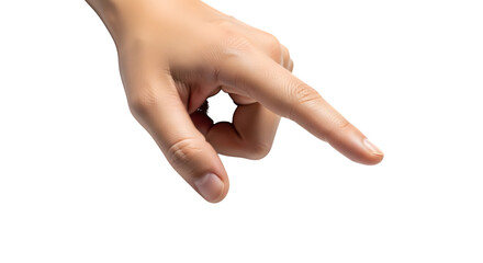 Close up of a human hand with index finger pointing down towards something unseen isolated on transparent background