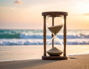 Hourglass sands time on beach; ocean waves behind