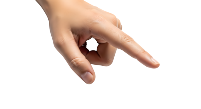 Close up of a human hand with index finger pointing down towards something unseen isolated on transparent background