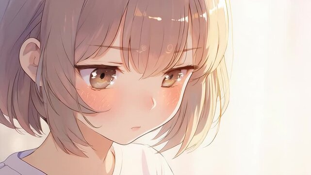 A sweet close-up of a shy anime girl blushing. Her gentle expression is perfect for romantic, cute, or innocent themes.