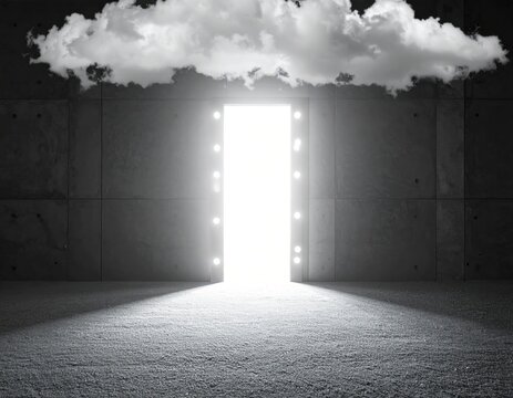 Bright doorway, concrete walls. Cloud. Soft light. Mystery