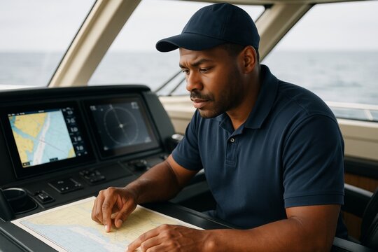 Man navigating a boat using a marine map and radar system inside cabin with ocean in background, focused on maritime transport concept planning. Ai generative