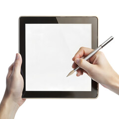 Close up of a person s hands holding a tablet computer and using a stylus to interact with the screen isolated on transparent background