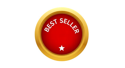 Golden oval badge with red center and white text best seller and a small white star isolated on transparent background