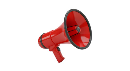 A bright red plastic megaphone with a black rim and handle isolated on transparent background