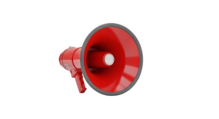 Bright red megaphone with a black handle isolated on a transparent background for communication and announcement concepts isolated on transparent background