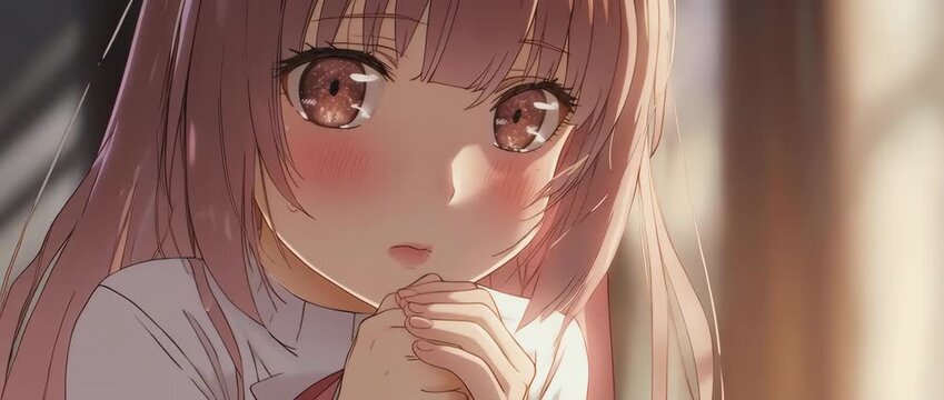 A sweet close-up of a shy anime girl blushing. Her gentle expression is perfect for romantic, cute, or innocent themes.