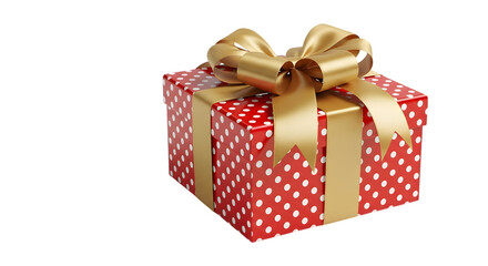 A festive red and white polka dot gift box tied with a shiny gold ribbon and bow isolated on transparent background