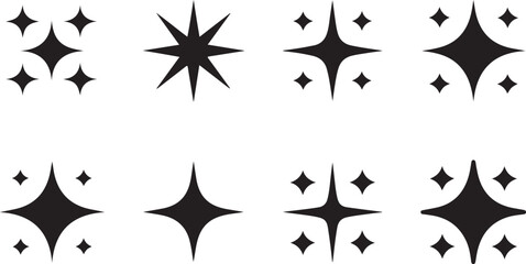 Twinkle star shape symbols. Minimalist silhouette stars icon. Modern geometric elements, shining star icons, abstract sparkle black silhouettes symbol vector set. Used in web